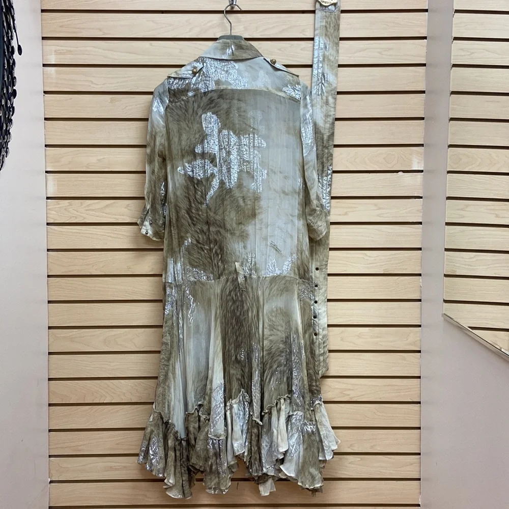 Just Cavalli Silver and Taupe Long Sleeve Ruffle-Hem Shirt Dress - Picture 6 of 11
